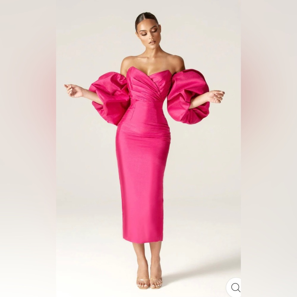 Hot Pink Formal Maxi Silk Strapless w/ puff sleeves - ALIEVA TIFFANY DUPIONI